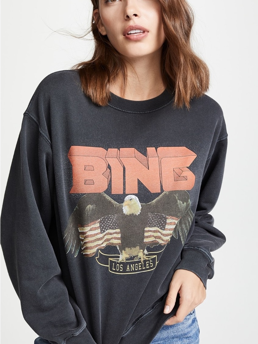 Anine Bing Black Crewneck Sweatshirt with Orange Logo and Patriotic Eagle